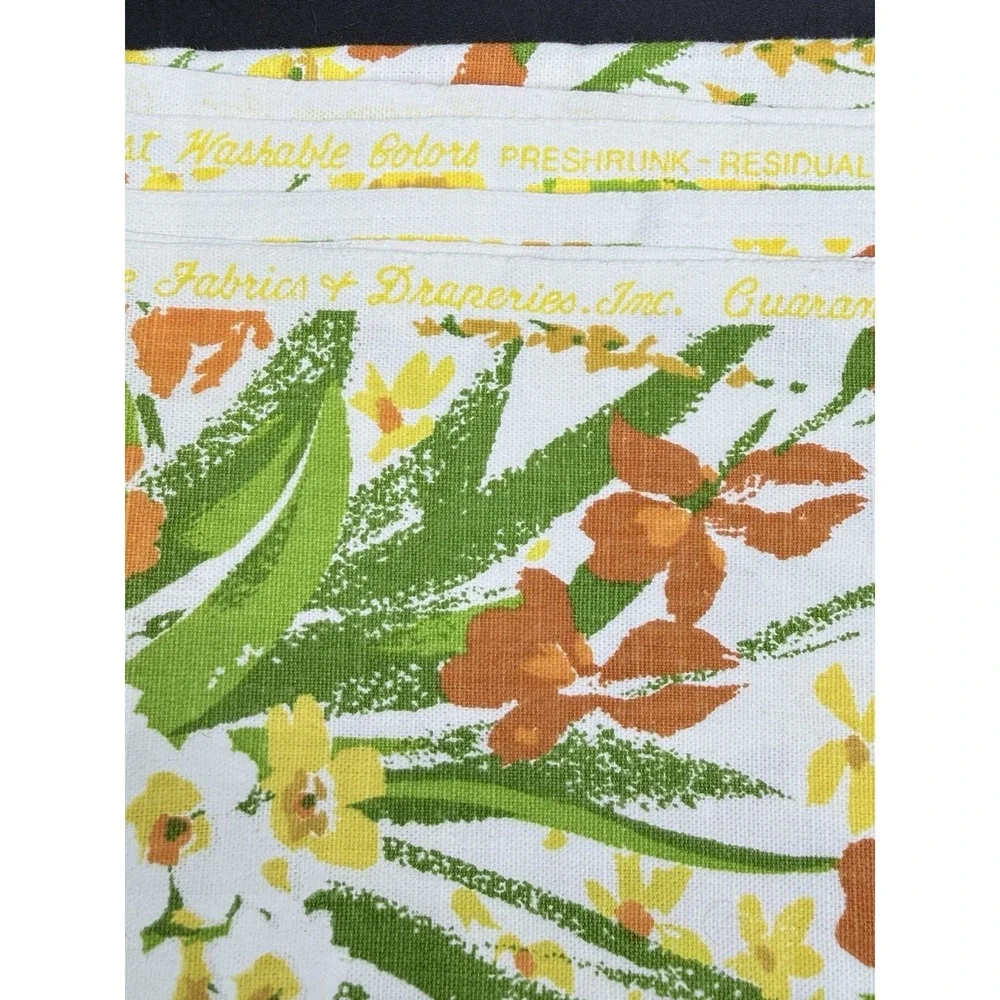 Vtg House N Home Fabric 45x67 Screen Print Floral Yellow Green MCM 70s Retro